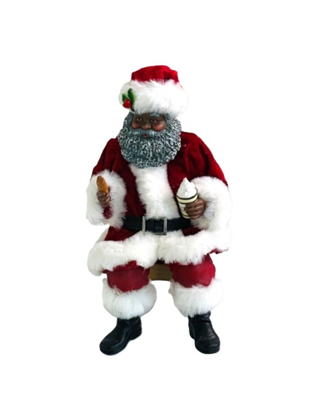 Pristine 8.5" African American Santa Figurine Holding Hot Chocolate and Cookie